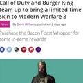 Call of Duty and Burger King are teaming up for a limited time skin in Modern Warfare 3